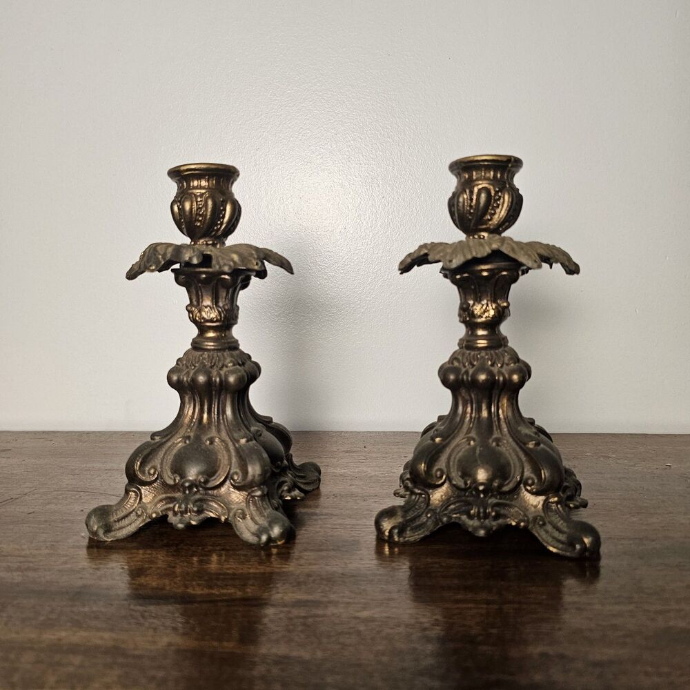 Vintage Pair of Brass Ornate Taper Candle Holders W Patina – Hollywood Regency
